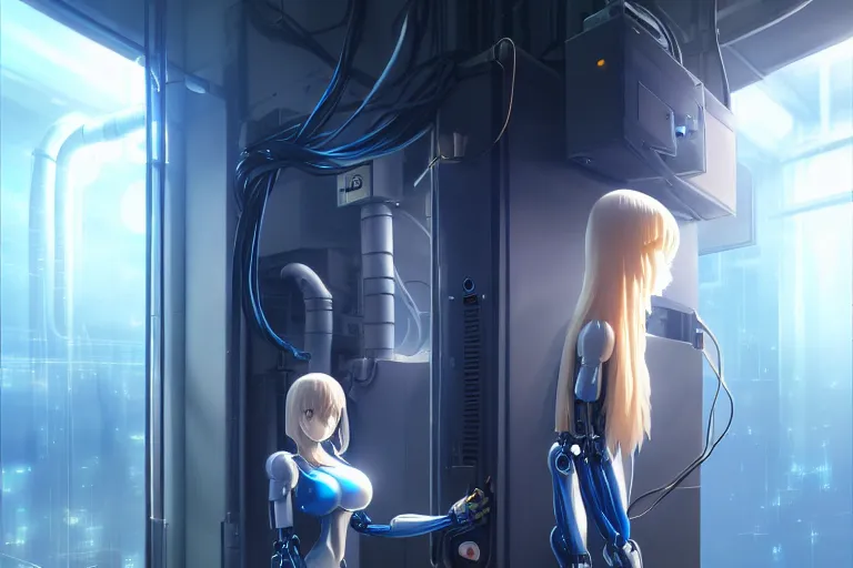 Image similar to datacenter room connects cables young robot server android baroque oil painting finely detailed perfect face flowing long fiberoptics blonde hair robot eyes blue. anime shinkai takeuchi key visual of character concept art metal female robot body suit pixiv fanbox, painted by greg rutkowski