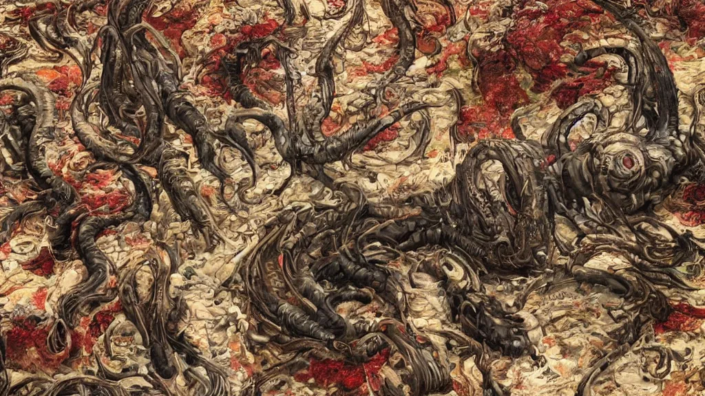 Image similar to screaming worm monster, maximalist, high detail, 8k, ornate, dark fantasy, realistic, masterpiece, complex, WLOP, film still from the movie directed by Denis Villeneuve with art direction