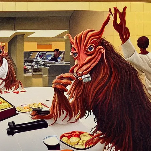 Image similar to a beautiful painting of jar jar binks working at McDonald's taking orders for a group of wookies