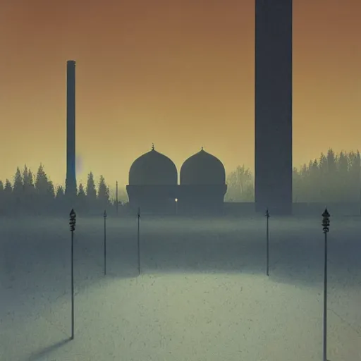 Prompt: mosque in style of steel factory, mist, simon stalenhag