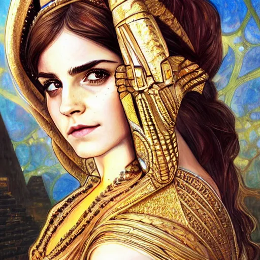 Prompt: Emma Watson as an Egyptian Goddess, cute, fantasy, intricate, elegant, highly detailed, digital painting, 4k, HDR, concept art, smooth, sharp focus, illustration, art by artgerm and H R Giger and alphonse mucha
