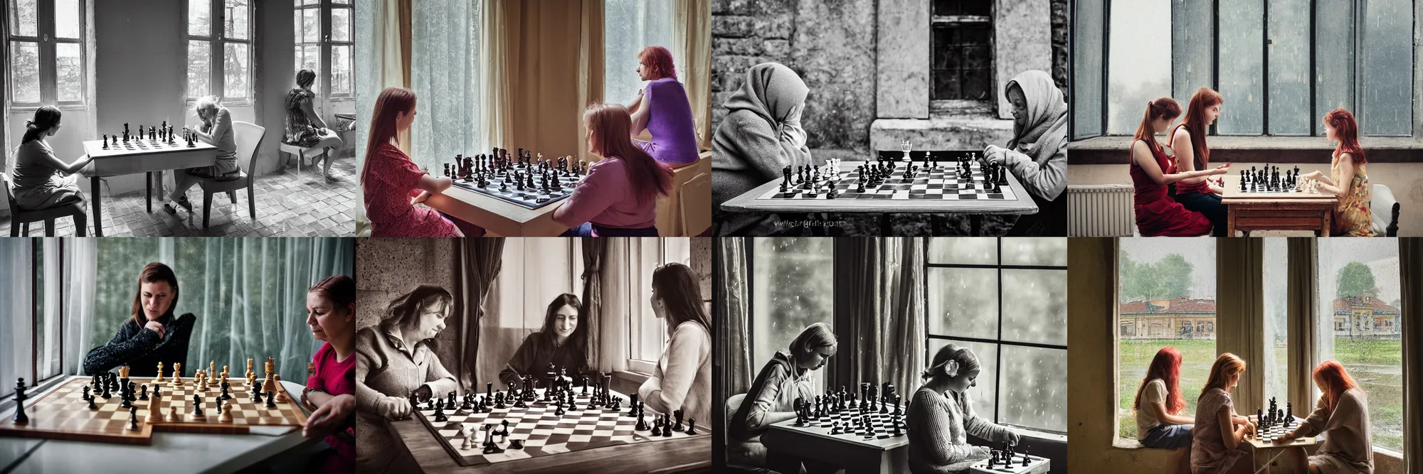 Prompt: two women playing chess in Ukraine. its raining outside and thundering window is visible. dreamy and ethereal. photography