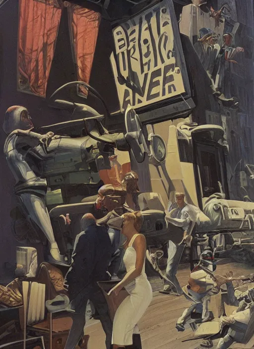 Prompt: a convergence of bad ideas, an ultrafine detailed painting by john philip falter, austin briggs, cg society, american scene painting, dystopian art, american realism, academic art, movie poster, poster art