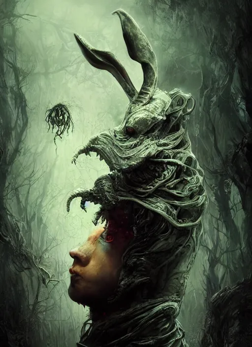 Image similar to white rabbit, call of cthulhu, highly detailed, cinematic, 8 k, by megan duncanson, benjamin lacombe, adrian borda, stanley artgermm, tom bagshaw, craig mullins, carne griffiths, ayami kojima, beksinski, giger, trending on deviantart, hyper detailed, horror, full of colour