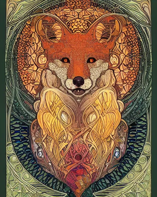 Prompt: fox carving art, cell shading, voronoi,fibonacci sequence, sacred geometry by Alphonse Mucha, Moebius, hiroshi yoshida, Art Nouveau, colorful, ultra detailed, 2 vivid color, 3d