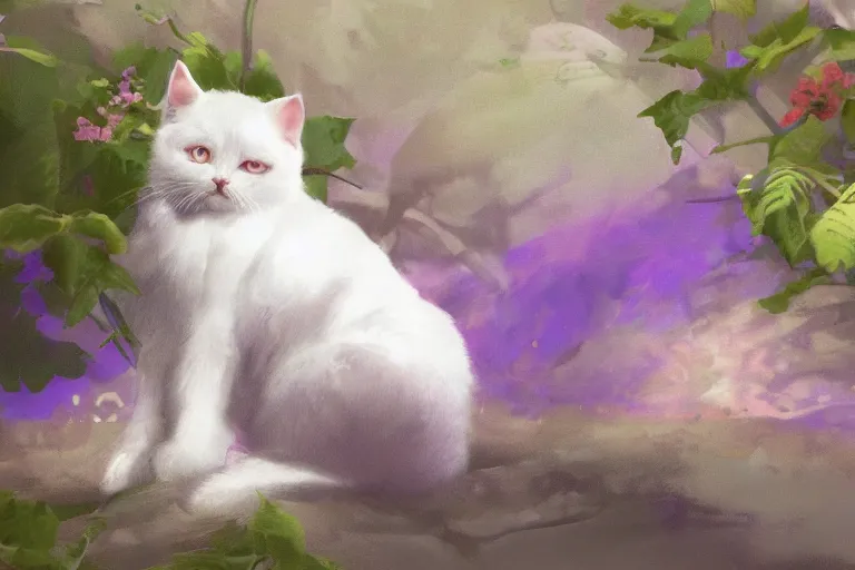 Image similar to concept art, digital art, matte painting, award winning on Artstation by John Romita jr. A white cat sitting. a purple garden on an Exoplanet