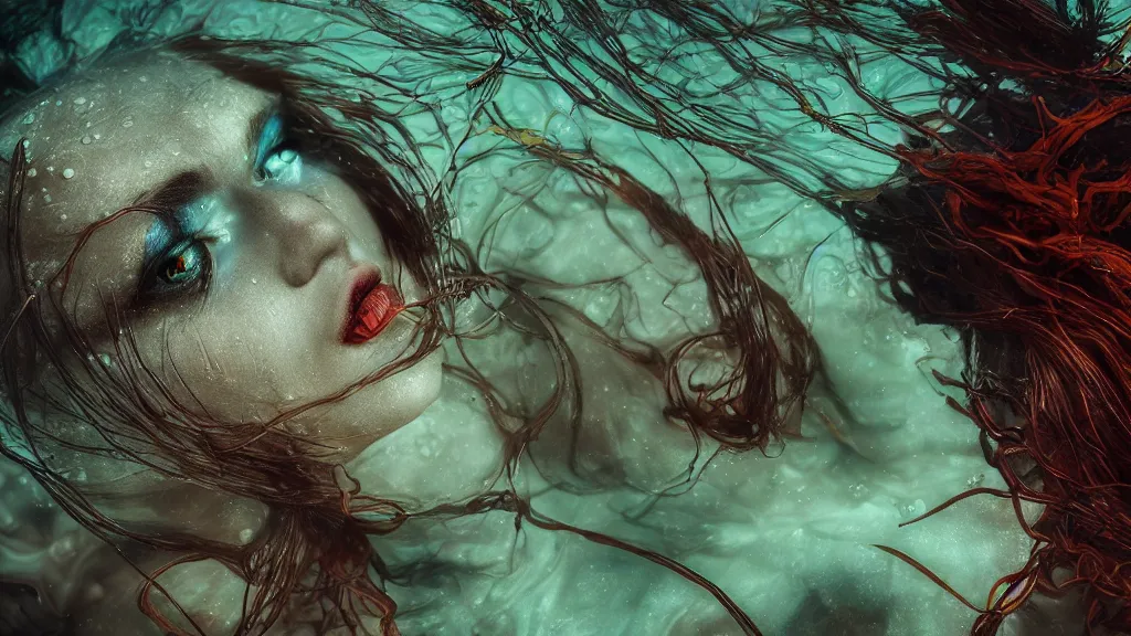 Image similar to Portrait of a woman underwater, fish hooks, seaweed, highly detailed, yuumei, Adam duff lucidpixel, natural lighting, dark atmosphere