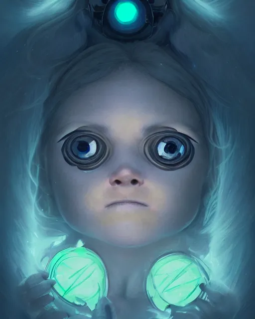 Image similar to one singular portrait of a cute bioluminescent baby creature with big glowing eyes, highly detailed, digital painting, cinematic, hyper realism, dark retrowave, art by studio ghibli and magali villeneuve and Alphonse Mucha, artstation, octane render, cgsociety