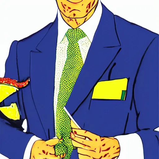 Image similar to Patrick Bateman in a suit with a pattern made out of kiwi.com logo, realistic, highly detailed