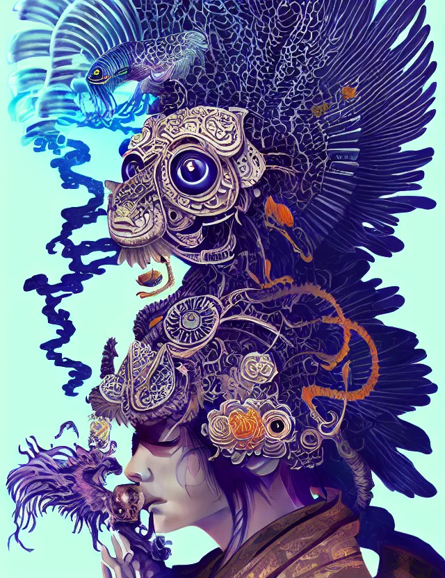 Image similar to 3 d goddess close - up profile solarpunk portrait ram skull. beautiful intricately detailed japanese crow kitsune mask and clasical japanese kimono. betta fish, jellyfish phoenix, bio luminescent, plasma, ice, water, wind, creature, artwork by tooth wu and wlop and beeple and greg rutkowski