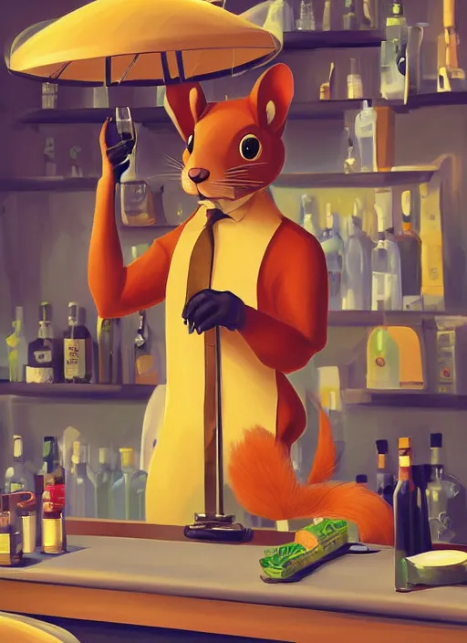 Prompt: squirrel anthro as a dapper bartender with a big fluffy tail, retro futurism, art deco, detailed painterly digital art by Goro Fujita, 🐿🍸🍋, furaffinity, trending on artstation