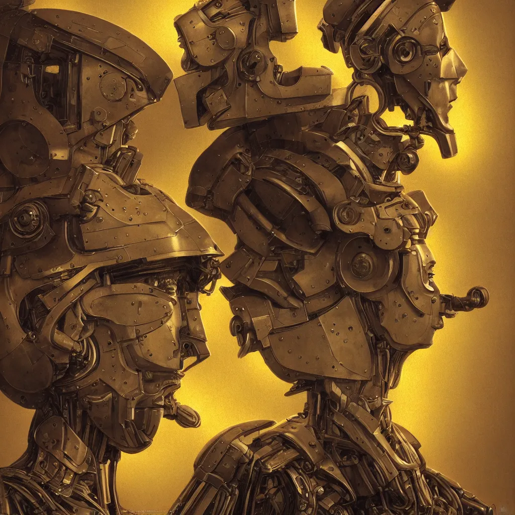 Image similar to cinematic bust portrait of futuristic god robot, part by Norman Rockwell, part by maxfield parrish, part by Mattias Adolfsson, high angle,, detailed, (((volumetric lighting))), oil on canvas, HD, HDR, 4K, 8K , nice colors