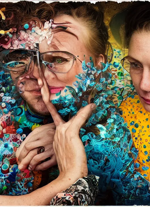 Image similar to detailed colourful masterpiece of photography by anne leibovitz couple portrait sat down extreme closeup, love, inside an underwater train, detailed realistic expressions, wearing unusual clothes, by mcbess, ultra wide angle