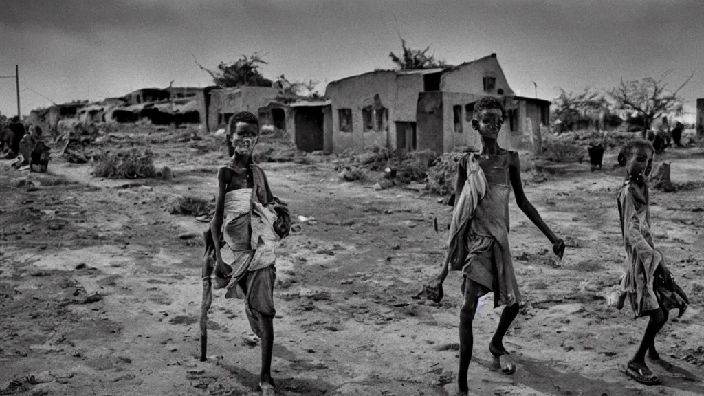 Image similar to 1 9 8 4 famine and drought in ethiopia, in the cover of new york times, wide - angle, dark, moody, 8 k