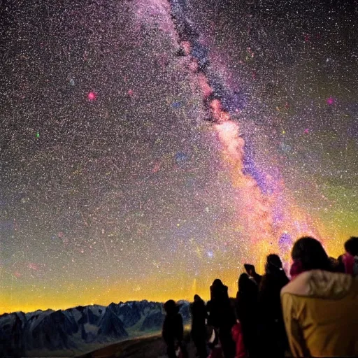 Image similar to meteors raining over alaska, people looking up in wonder, realistic, photograph