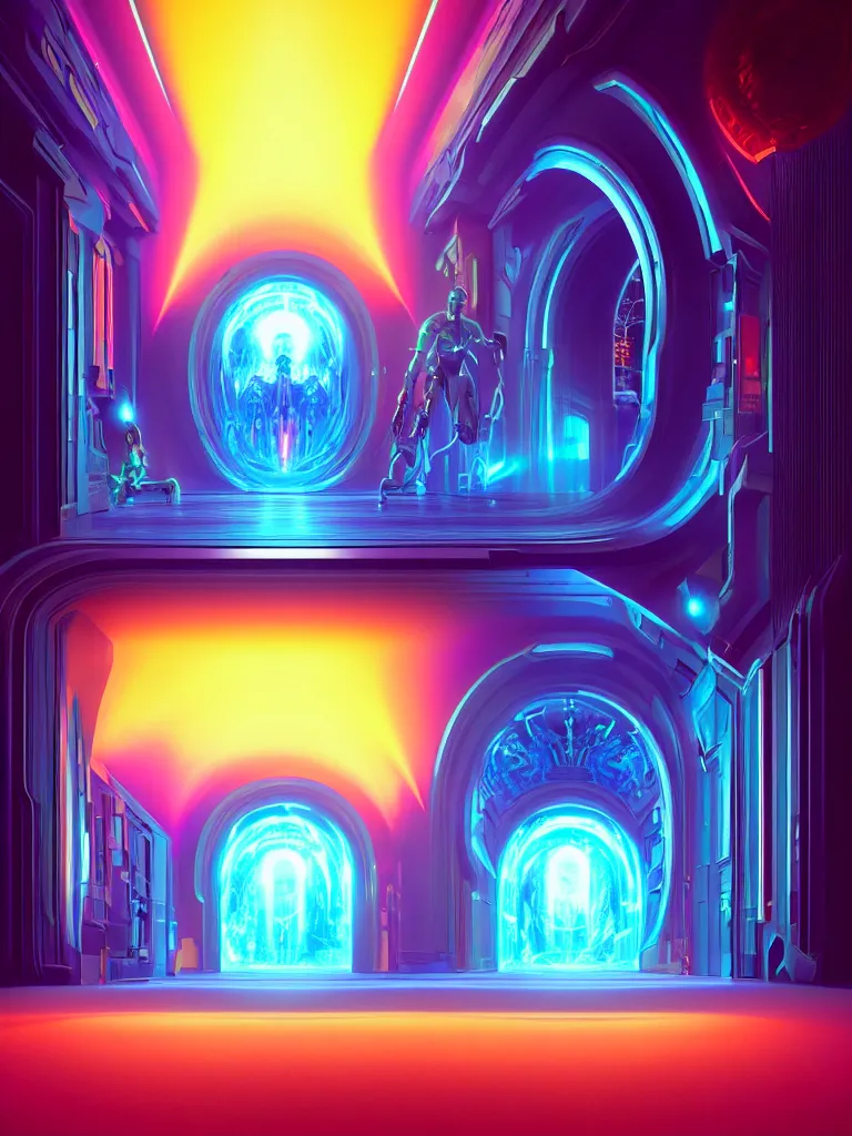Prompt: symmetrical entrance to mainframe ethereal realm, ai sentient, octane render, symmetrical composition, dreamy colorful cyberpunk colors, 6 point perspective, fantasy landscape with anthropomorphic terrain in the styles of igor morski, jim warren and rob gonsalves, intricate, hyperrealistic, volumetric lighting, neon ambiance, distinct horizon