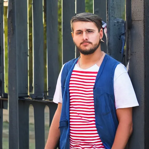 Image similar to Young man standing looking to the right in a red bandana, blue striped shirt, gray vest and a gun with a partly cloudy sky in the background. The young man is standing in front of an iron fence. Photograph. Real life