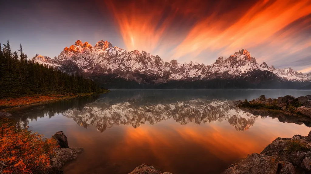 Image similar to amazing landscape photo of mountains with lake in sunset by marc adamus, beautiful dramatic lighting