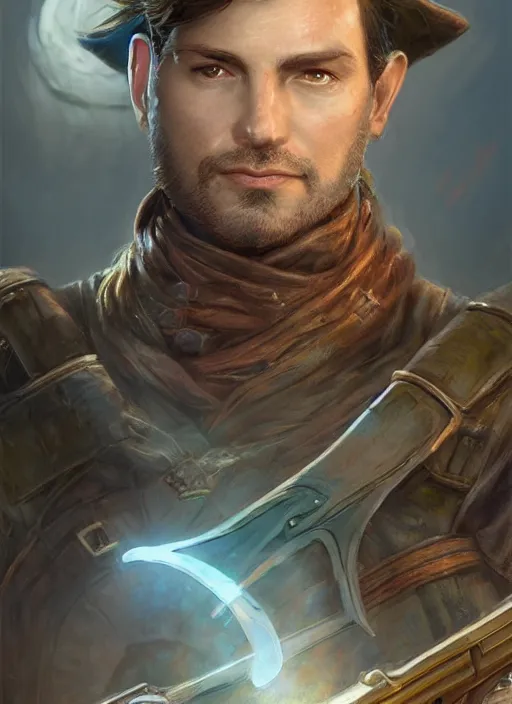 Image similar to short hair stubble gunslinger shooter, dndbeyond, bright, realistic, dnd character portrait, full body, art by ralph horsley, dnd, rpg, lotr game design fanart by concept art, behance hd, artstation, deviantart, global illumination radiating a glowing aura global illumination ray tracing hdr render in unreal engine 5