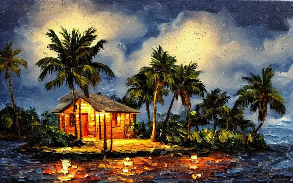 Image similar to a very very small island! with a paved patio!!, cute cozy large cottage!! and string lights!!!, palm trees, dark very late evening cloudy, dramatic and dynamic lighting, thick brush strokes oil impasto painting