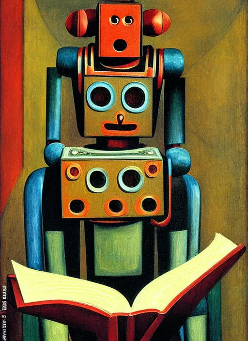 Image similar to portrait of a robot reading a book, highly detailed, painting by otto dix, 8 k