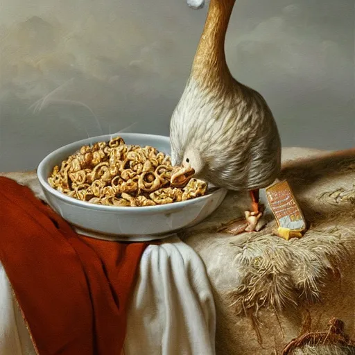 Prompt: a goose eating cereal oil on canvas, intricate, portrait, 8k highly professionally detailed, HDR, CGsociety