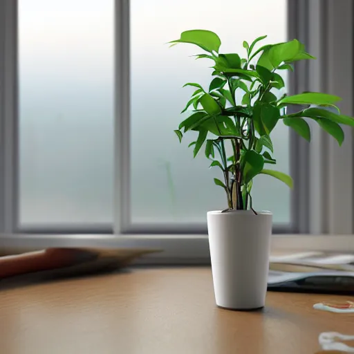 Prompt: a small miniature of a Hyundai N vision 74 on a white table near a vase with a plant near a window at sunset, concept car, 3d render, unreal engine 5, octane render, 4k, low contrast, ray tracing, serene landscape, calm, relaxing, beautiful landscape, highly detailed, high quality, product photo, hyperrealistic, concept art, symmetrical, centered, godrays