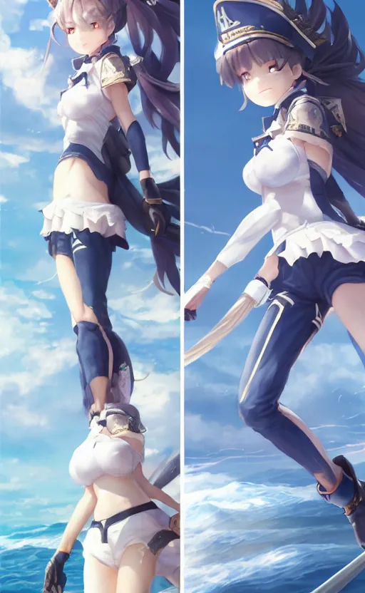 Prompt: highly detailed, character art, octane, stunning, realistic lightning, realistic ocean, characters from azur lane, matte, sharp focus, intricate, 150mm, illustration, artstation, art by akio watanabe and greg rutkowski, realistic anatomy, smooth, female sailor uniforms, explosions