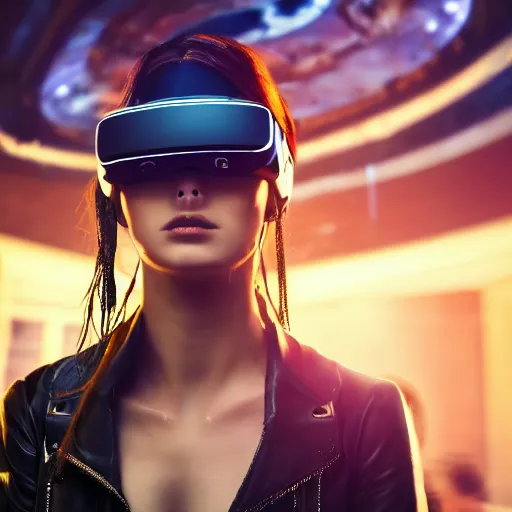 Image similar to a high quality portrait of a beautiful stunning pirate in a cyberpunk cyberpunk cyberpunk cafe wearing a VR visor, realism, 8k, award winning photo