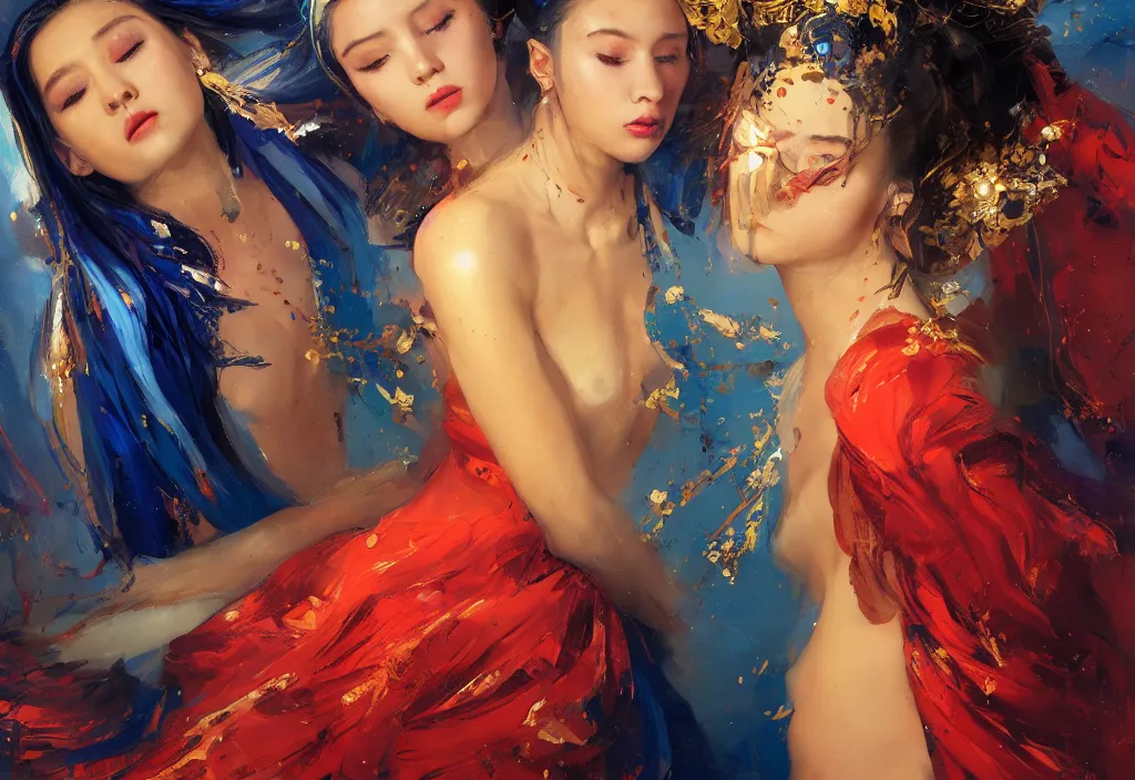 Image similar to full body portrait of a duo of 1 9 years old girl figures, oriental tattoos, jeweled ornament over forehead, subject wearing a used bedsheet, flowing, beautiful, dramatic, theatrical, cinematic lighting, ultramarine, lemon, fire red, few vivid highlights, visible brushstrokes, by greg rutkowski and jeremy mann, artstation, oil on canvas