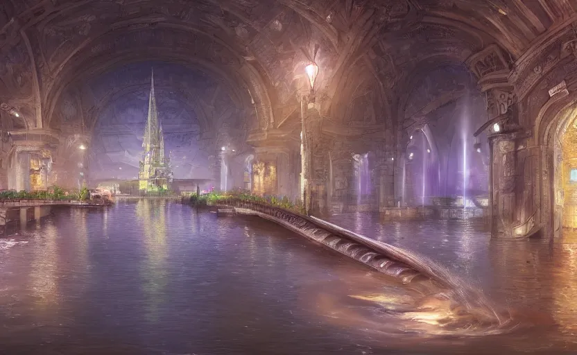 Image similar to An urban train rides inside of a waterway on a fantasy city, next to a fountain and a mystical palace. By Konstantin Razumov, Fractal flame, chiaroscuro, highly detailded