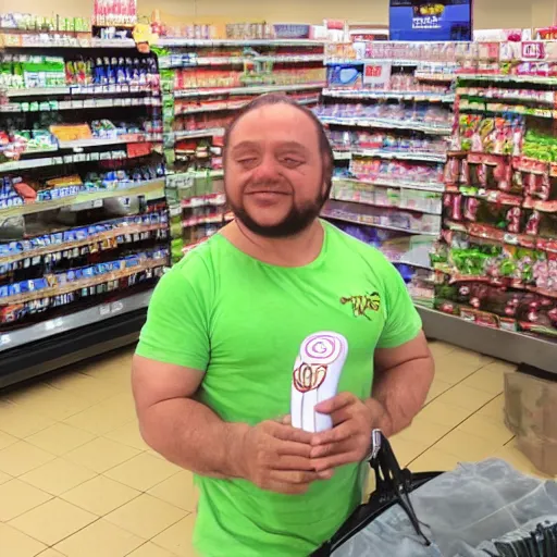 Image similar to a mix between Hulk and Yoda and Dobby and gollum buying groceries in a seven eleven, center frame medium shot, shot on technicolor cinemascope 35mm anamorphic lense, flare