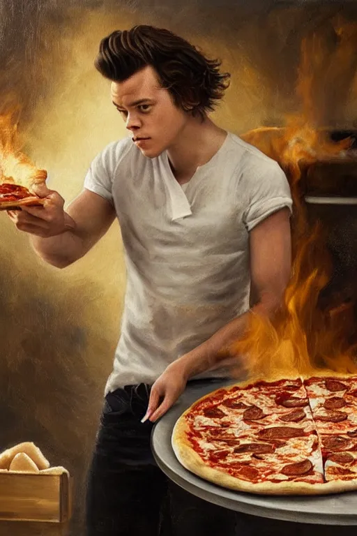 Image similar to Harry Styles making a pizza, oil on canvas, intricate, portrait, 8k highly professionally detailed, HDR, CGsociety