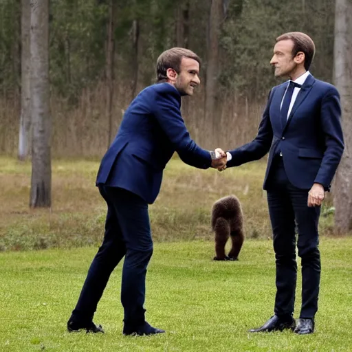 Prompt: emmanuel macron rinding a bear