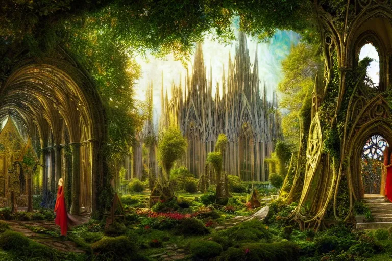 Image similar to a beautiful and highly detailed digital painting of an elven cathedral in a beautiful garden in a mystical forest, psychedelic colors, intricate details, epic scale, insanely complex, hyperdetailed, artstation, cgsociety, 8 k, sharp focus, hyperrealism, by caspar friedrich, albert bierstadt, james gurney, brian froud,