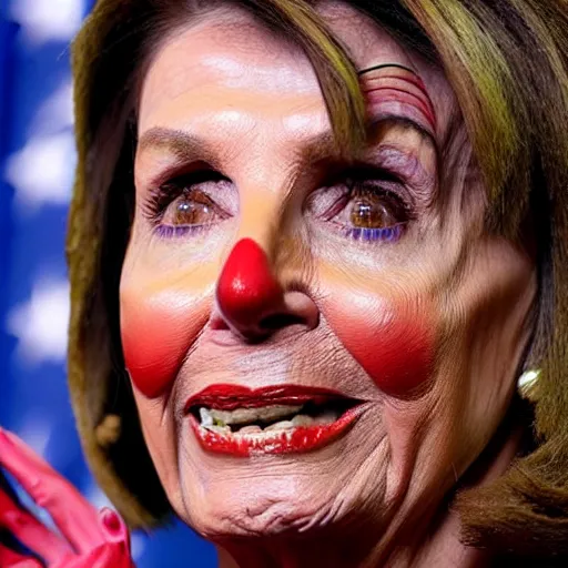 Image similar to Nancy Pelosi with colorful clown makeup all over her face