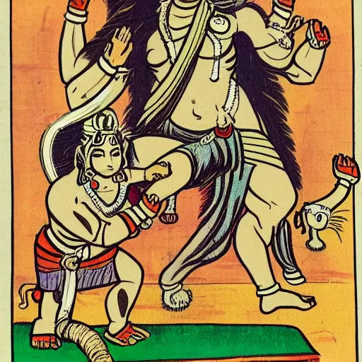 Image similar to comic book illustration of a muscular lord shiva removing the head of his son ganesha, holding an elephant head on his hand