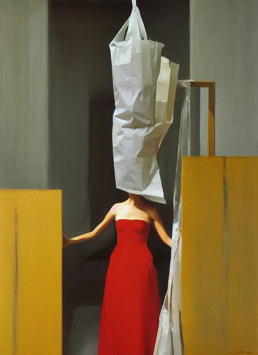 Prompt: woman in dress made from plastic bag with paper bags for clothes standing inside paper bags with paper bag over the head at store display Edward Hopper and James Gilleard, Zdzislaw Beksinski, highly detailed