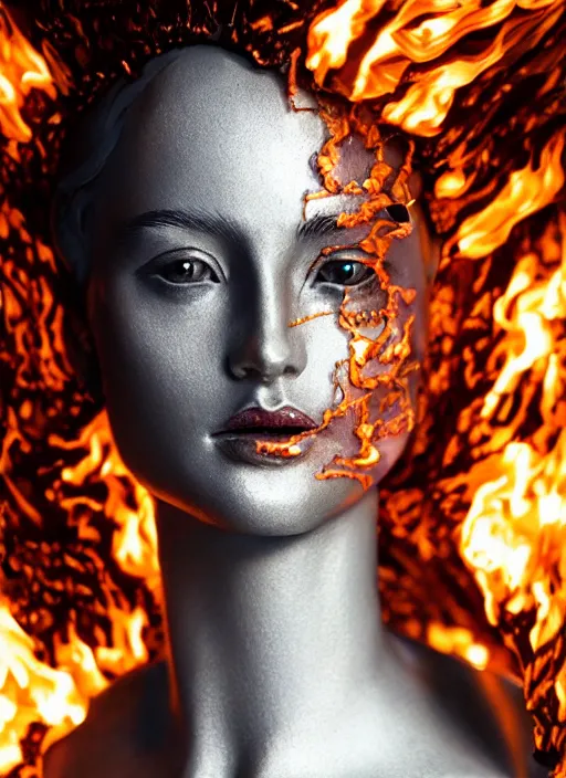 Image similar to sculpture made of flame, portrait, female, future, torch, fire, harper's bazaar, vogue, fashion magazine, intricate, concept art, close up, ornate, luxury, elite, elegant, trending on artstation, by ruan jia, by Kenneth Willardt, by ross tran, by WLOP, by Andrei Riabovitchev,