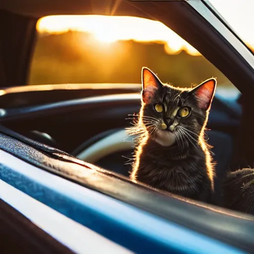 Image similar to convertible on road, cat homies chilling in convertible, paws on steering wheel, paw hanging out of window, golden hour, clear sky, unobstructed road