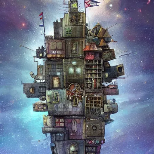 Prompt: a ship with many buildings built in to it flying through space, alexander jansson, greg rutowski, artstation