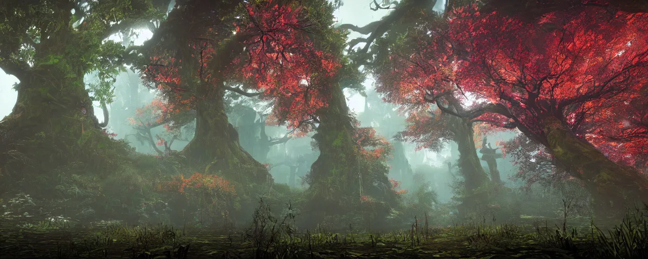 Prompt: a stunning wide shot view of a mythical rainforest, colorful trees, screenshot from bloodborne