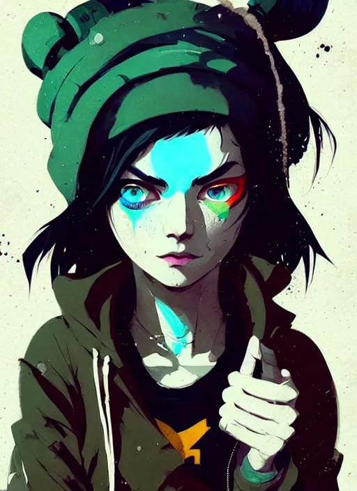 Image similar to highly detailed portrait of a sewer punk lady student, blue eyes, tartan hoody, black hair by atey ghailan, by greg rutkowski, by greg tocchini, by james gilleard, by joe fenton, by kaethe butcher, gradient green, black, brown and magenta color scheme, grunge aesthetic!!! ( ( graffiti tag wall background ) )