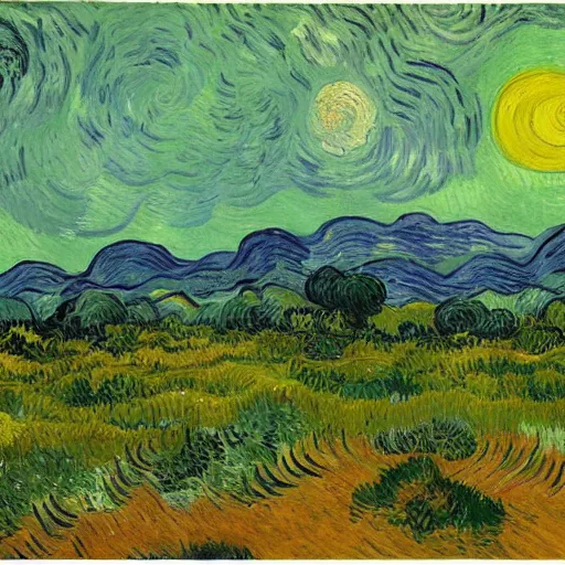 Image similar to painting of a lush natural scene on an alien planet by vincent van gogh. beautiful landscape. weird vegetation. cliffs and water.