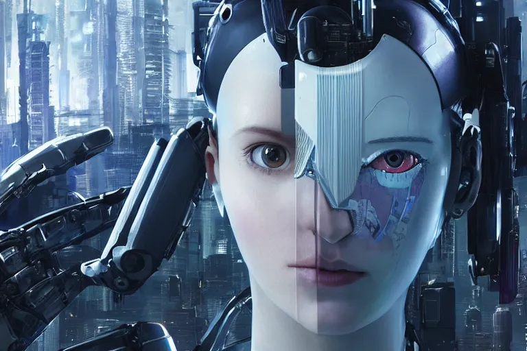 Image similar to highly detailed surreal vfx portrait of a robot android, ex machina, ghost in the shell, alita battle angel, stephen bliss, unreal engine, greg rutkowski, loish, rhads, beeple, makoto shinkai and lois van baarle, ilya kuvshinov, rossdraws, tom bagshaw, global illumination, detailed and intricate environment