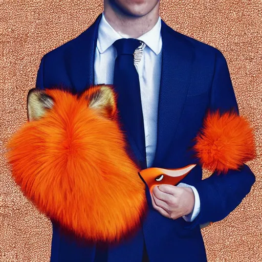 Image similar to “Young man wearing an orange-gala-fox-mask, darkblue suit and fluffy foxtail, digital art”