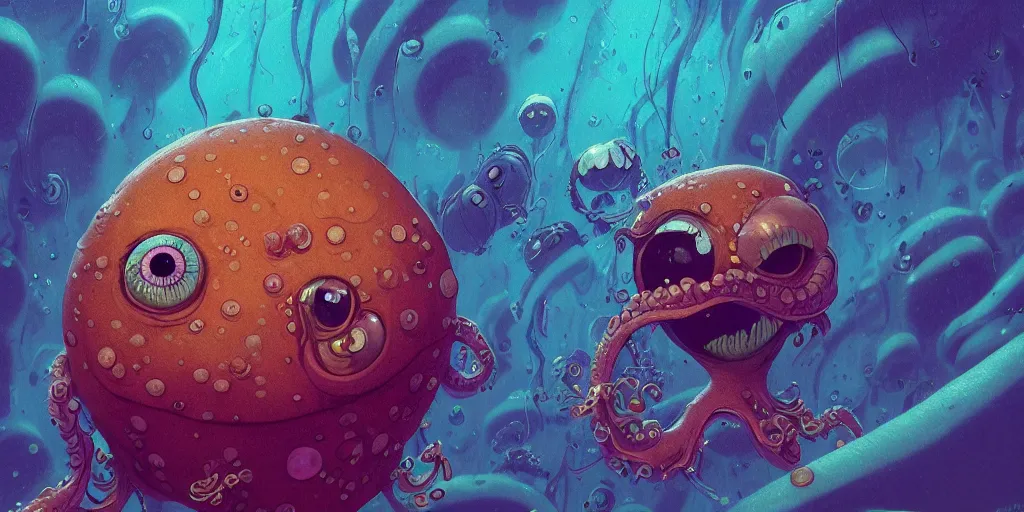 Prompt: of an intricate mariana trench with colorful cute funny marine creatures with huge eyes, long tongue, square teeth and funny face appearing from murky waters, in the style of charles vess, macro lens, shallow depth of field, highly detailed, digital painting, trending artstation, concept art, illustration, cinematic lighting, vibrant colors, photorealism, epic, octane render