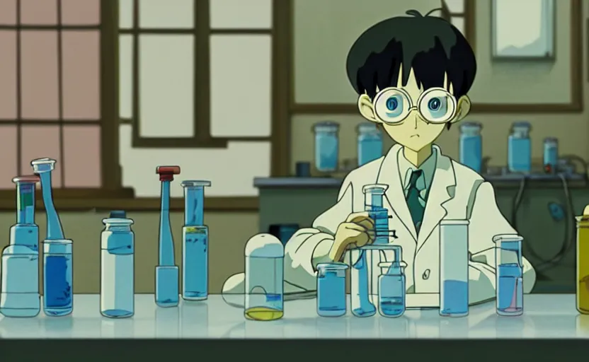 Image similar to a very dull interior shot still from ponyo ( 2 0 0 8 ) of a young skinny scientist alone in his lab. bubble. close up on the faces, perfect art, grimdark, trending on pixiv fanbox, painted by studio ghibli