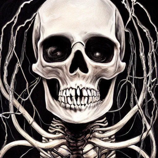 Prompt: award - winning painting of a skeleton infested with pitch black, tar - like, shadow roots with lots of tendrils on the skin, black veins, intricate detail, deep black roots, infestation, shadowy, lovecraftian, beksinksi, black and white, chiaroscuro, portrait painting