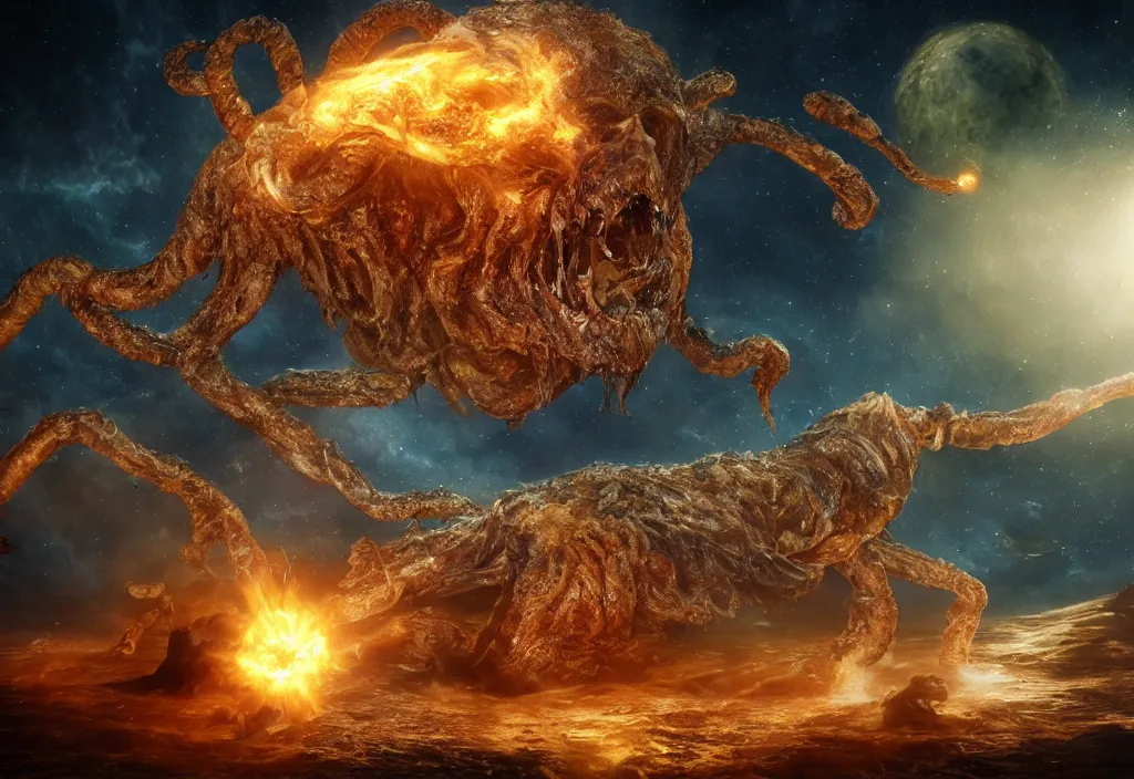 Image similar to eldritch horror bloody garfield in space, hd, 8 k, giant, epic, realistic photo, unreal engine, stars, prophecy, powerful, cinematic lighting, destroyed planet, debris, violent, sinister, ray tracing, dynamic, epic composition, dark, horrific, teeth, grotesque, monochrome drawing, hellscape, death, corpses